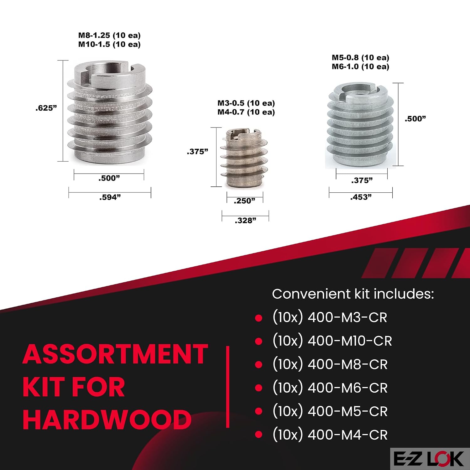 E-Z LOK Knife Threaded Inserts for Hard Wood Assortment Kit with Drill and Drive Tool, Stainless Steel Thread Inserts M3-0.5 to M10-1.5, 60 Pieces