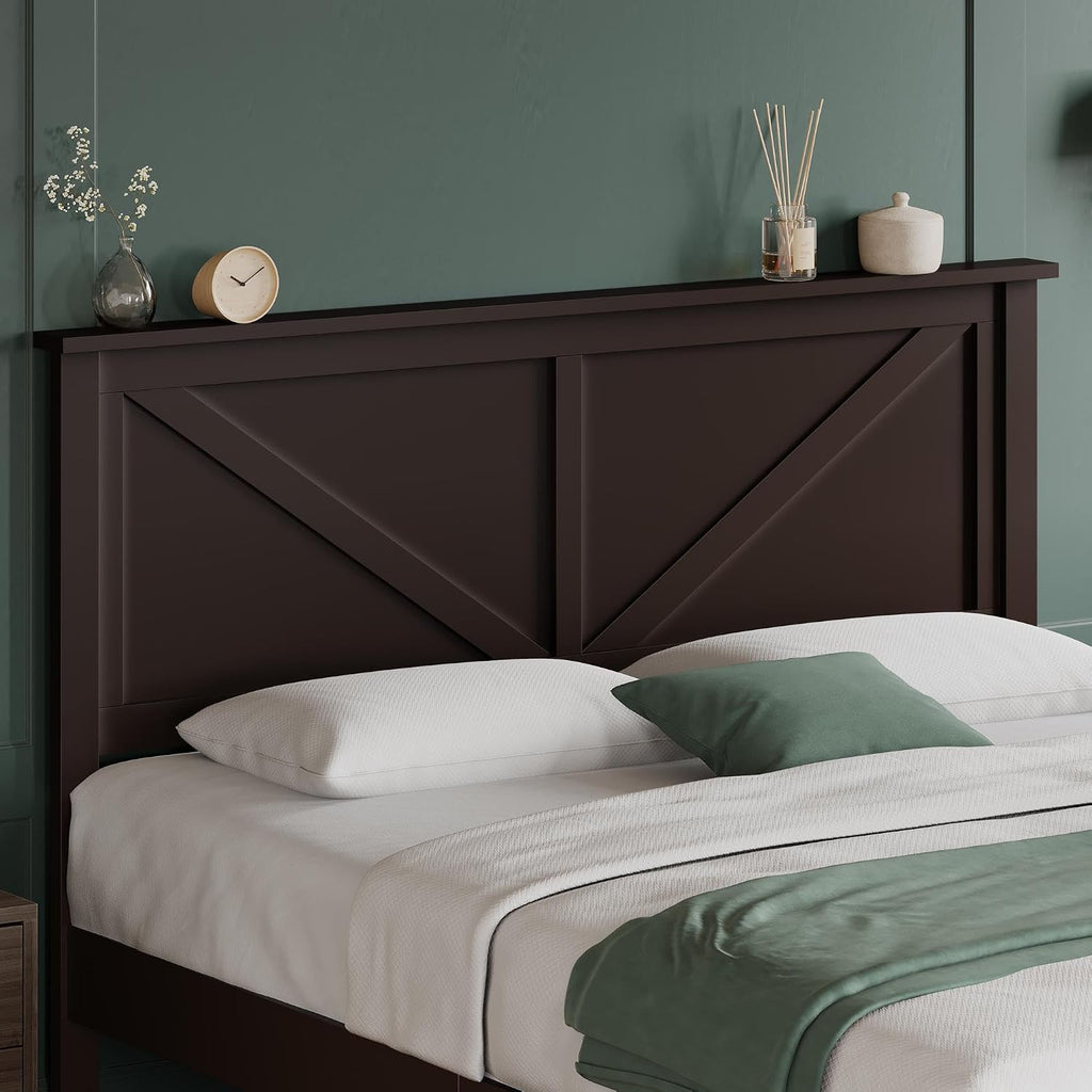 Yaheetech Wood Bed Queen, Farmhouse Espresso Rubberwood Platform Bed Frame with V-Designed Headboard, Sturdy Wooden Support Slats, Holds up to 800 Pounds, Noise-Free, Easy Assembly