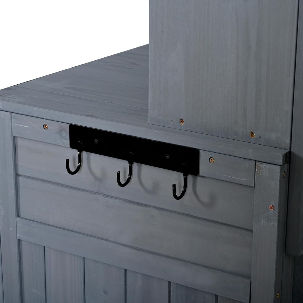 Potting Bench with Hutch, 65' H Solid Fir Wood Garden Workstation, Large Countertop,Patio Kitchen Island with Adjustable Shelves,Spice Rack, Side Hook and Drawer (Gray-Drawer)
