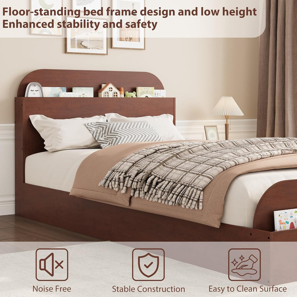 GarveeHome Twin XL Size Bed Frame, Wooden Beds with Storage Headboard and Raised-Foodboard, Twin XL-Floor Low Platform Bed for Bedroom, Sturdy Wooden Slats Support, No Box Spring Needed, Espresso