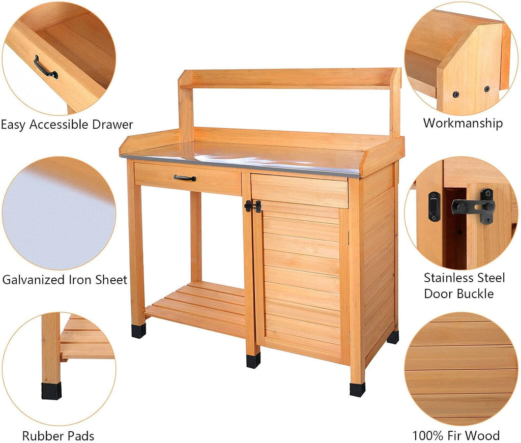 Multi-Purpose Wooden Potting Bench Table Garden Work Planting Furniture with Shelf Sink Drawer Outdoor Storage Room Patio Balcony, Natural Wood color, 44x18.1x49.2 inches (LxWxH)