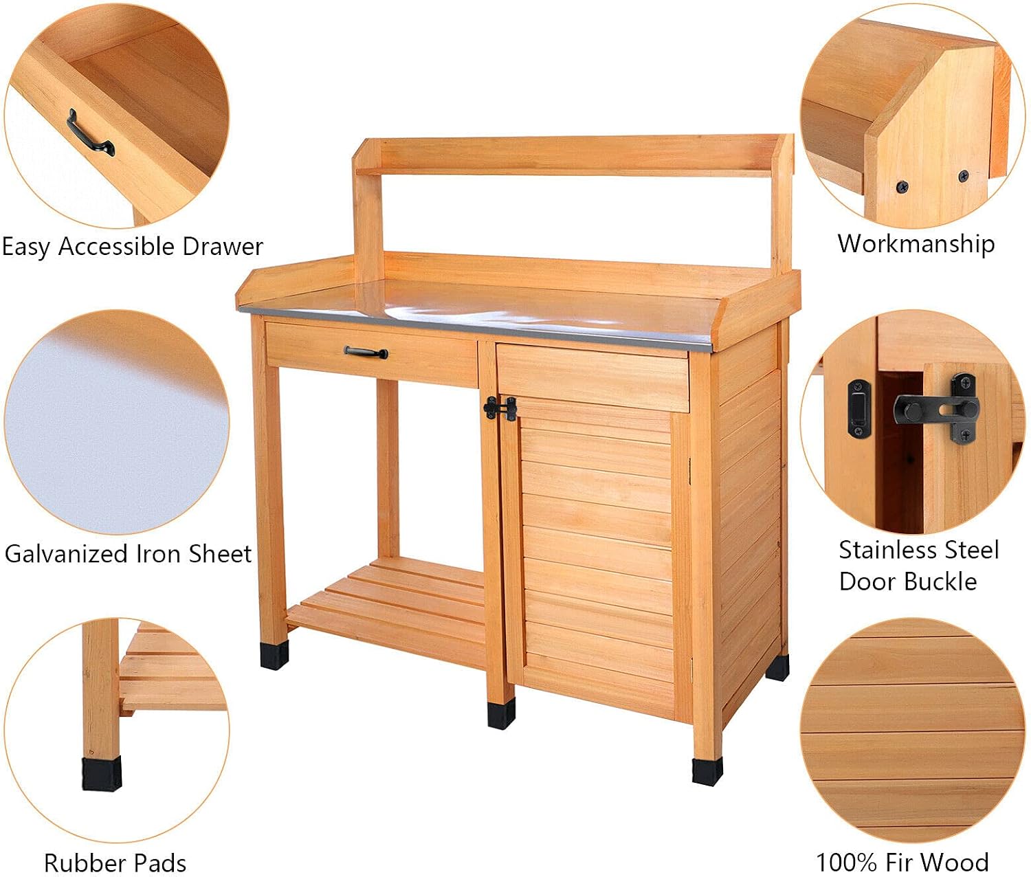 Multi-Purpose Wooden Potting Bench Table Garden Work Planting Furniture with Shelf Sink Drawer Outdoor Storage Room Patio Balcony, Natural Wood color, 44x18.1x49.2 inches (LxWxH)