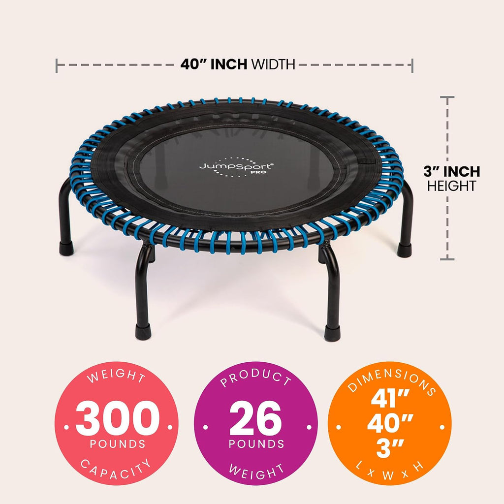 JumpSport 350 PRO 39 Inch Fitness Trampoline Indoor Rebounder Cardio Workout Equipment 300 lb Capacity