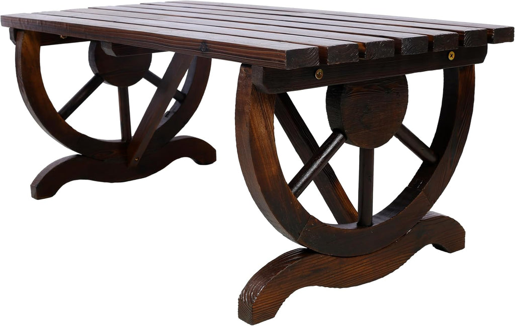 2 People Modern Outdoor Rustic Wooden Bench with Wagon Wheel Legs, Brown Garden Chair Front Porch Furniture, for Park, Yard, Lawn