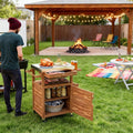 Outdoor Kitchen Island with Wheels, Solid Wood Outdoor Grill Table Cart with Stainless Steel Top, Storage Cabinet and Drawer, Food Prep Table with Side Handle for BBQ, Patio, Kitchen, Brown