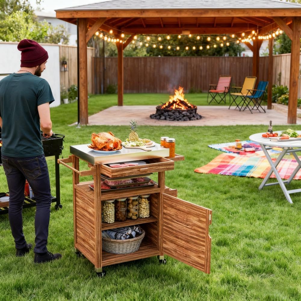 Outdoor Kitchen Island with Wheels, Solid Wood Outdoor Grill Table Cart with Stainless Steel Top, Storage Cabinet and Drawer, Food Prep Table with Side Handle for BBQ, Patio, Kitchen, Brown