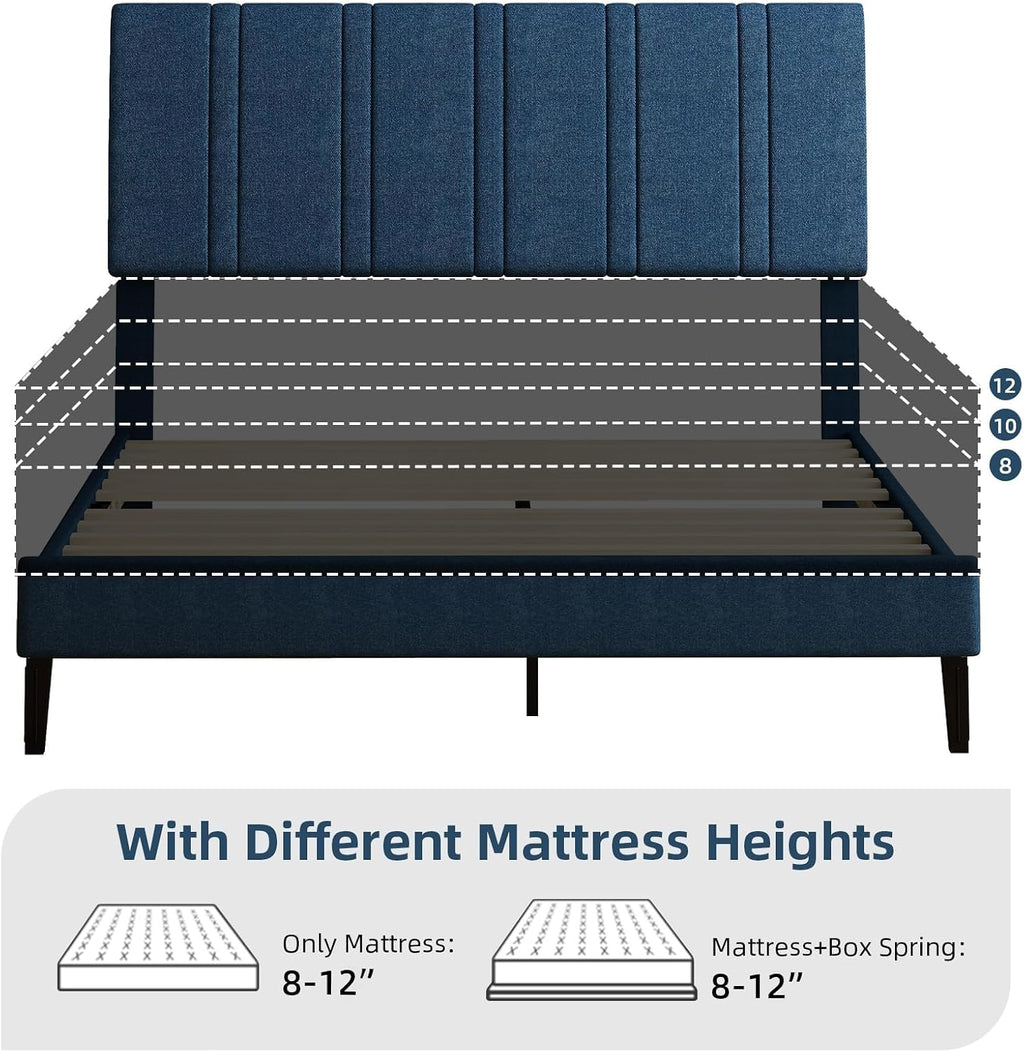 MaverickFurni Full Size Bed Frame with Headboard, Linen Fabric Upholstered Platform Bed Frame with Wooden Slats, Modern Style, No Box Spring Needed, Easy Assembly, Blue