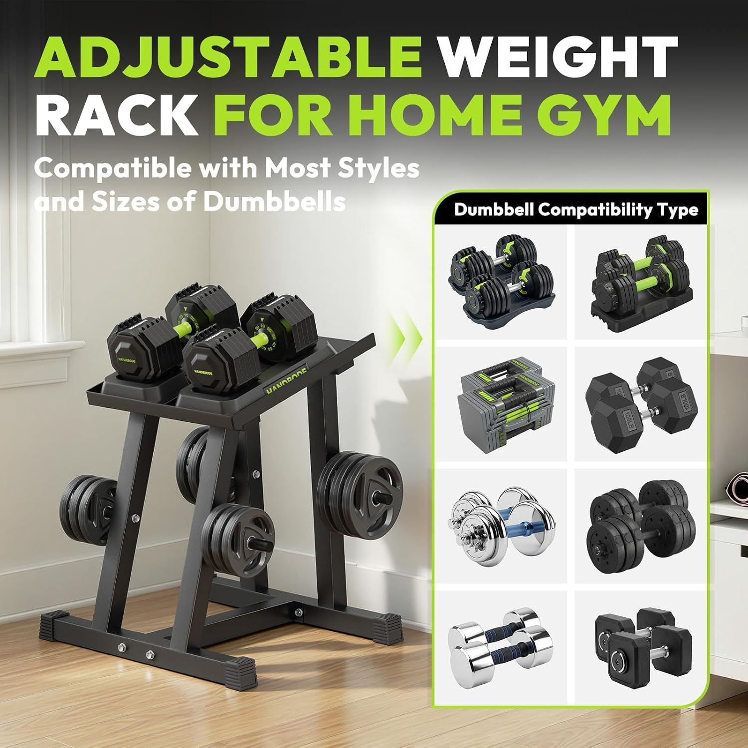 HANDBODE Dumbbell Rack, Adjustable Dumbbell Stand with 1 inch Plate Tree, Weight Rack with 500 LBS Capacity, Dumbbell Stand Holder for Adjustable Dumbbell Set, Compact Space-Saving Design for Home Gym