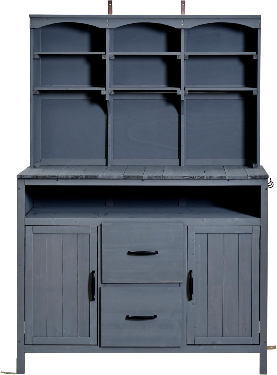 Outdoor Potting Bench Table with Large Countertop and Hutch, Freestanding Garden Workstation with Cabinets, Drawers and Hooks for Backyard (Gray)