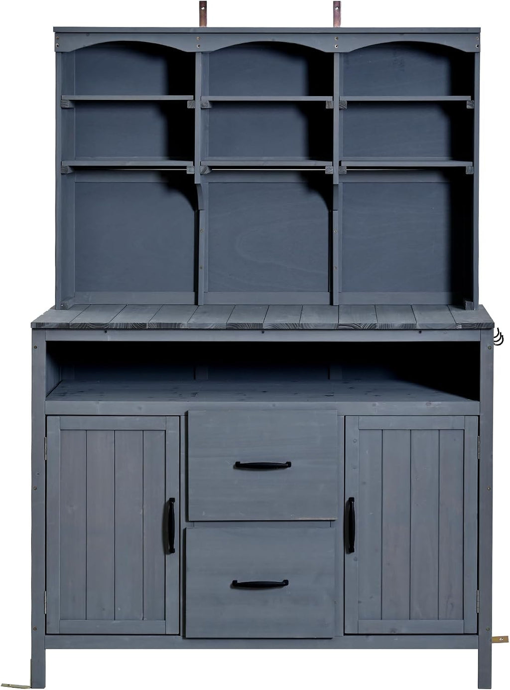 Large Fir Wood Potting Bench, 45.3''L Multi-Functional Outdoor Patio Kitchen Island with Hutch,Drawers & Hooks, Large Countertop for Gardening, Grill (Gray-h)