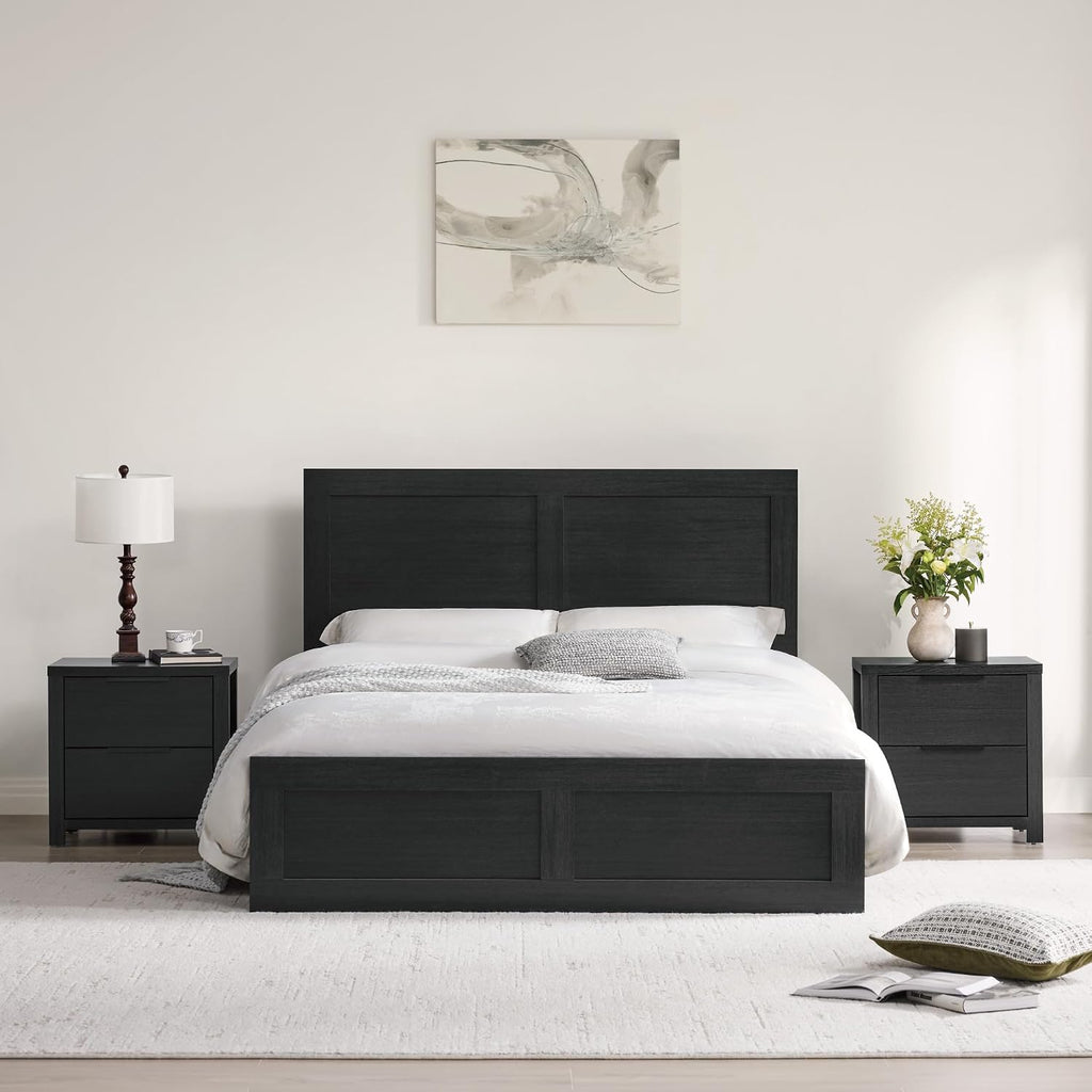 KISLOT 3 Pieces Bedroom Set, Queen Size Wood Platform Bed Frame and 2 Nightstands, Storage Nightstand with Type-C Charging Port, Farmhouse Bedroom Furniture Set