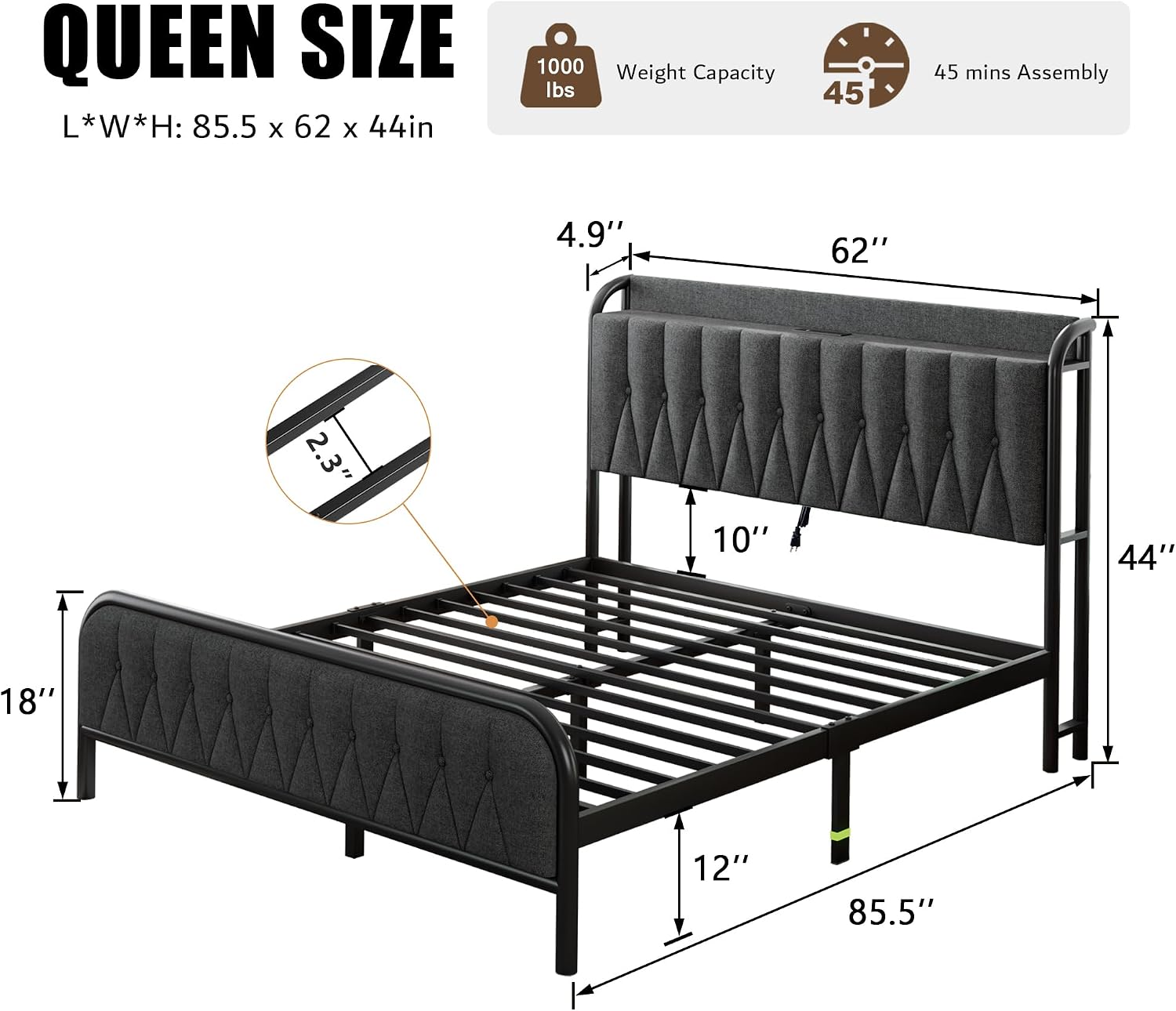 iPormis Metal Bed Frame Queen Size with Charging Station, Velvet Upholstered Headboard and Footboard, Heavy Duty Steel Support, 12' Under Bed Storage, No Box Spring Needed, Easy Assembly, Dark