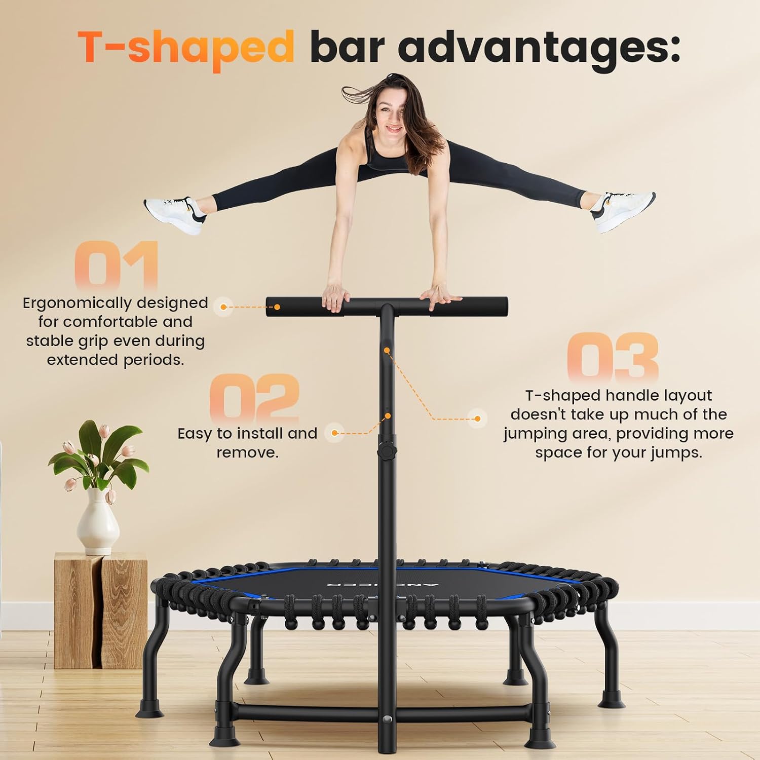 ANCHEER 50' Rebounder Trampoline for Adults- 2026 Foldable Mini Trampoline with Bar- Exercise Trampoline for Adults, Max Load 560lbs, for Indoor/Garden Workout
