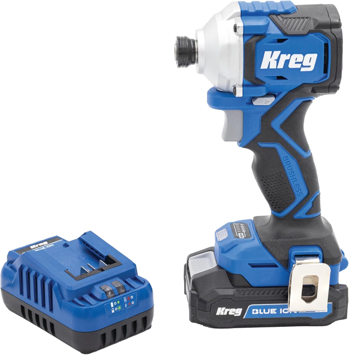 Kreg 20V Ionic Drive 1/4' Compact Impact Driver, 20V Blue Ion Charger & Blue Ion 2Ah Battery Pack - Compact, Cordless Driver with 2,200 in-lbs of Torque - 20V Variable Speed - LED Light - KPTBDV025A