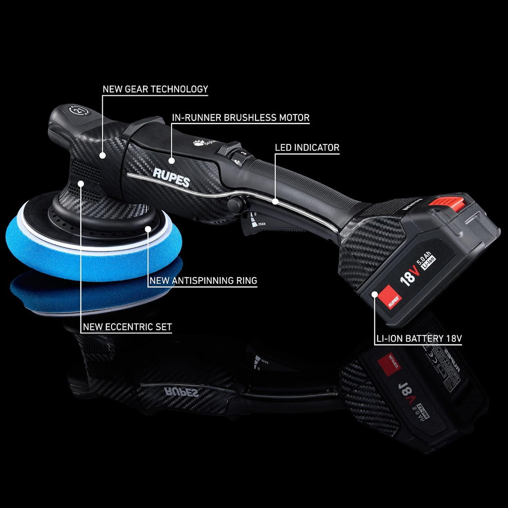 RUPES BigFoot HLR21 Random Orbital Basic Polishing Kit | Includes Dual Charger, 2 Batteries, D-A Compounds, Foam Pads & Wool Pads | Compact Ergonomic Design | Extended Battery Life