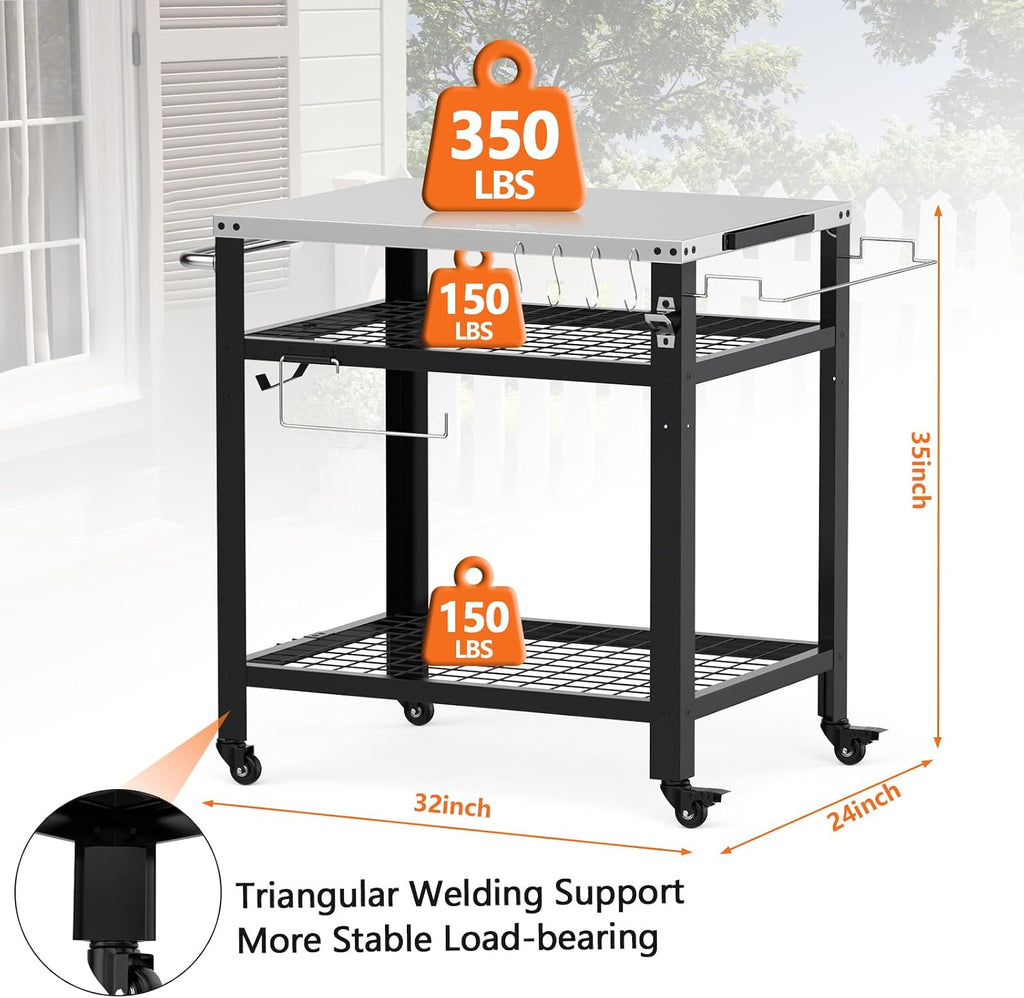 M METERXITY Stainless Steel Pizza Oven Table for Ooni, 650lbs Outdoor Grill Cart with Wheels and Handle, 32'x 24' Three-Shelf Food Prep Cart for Griddle, Movable Outdoor Pizza Cart