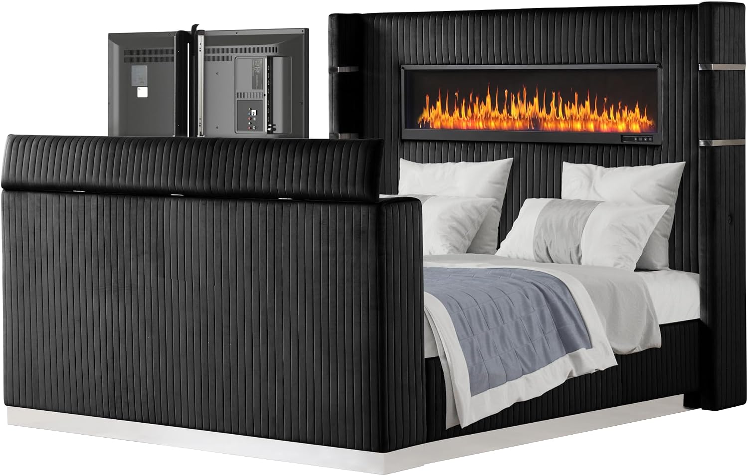 4 Pc King Bedroom Set Made with Fireplace in Headboard TV Stand in Footboard with Wood in Black