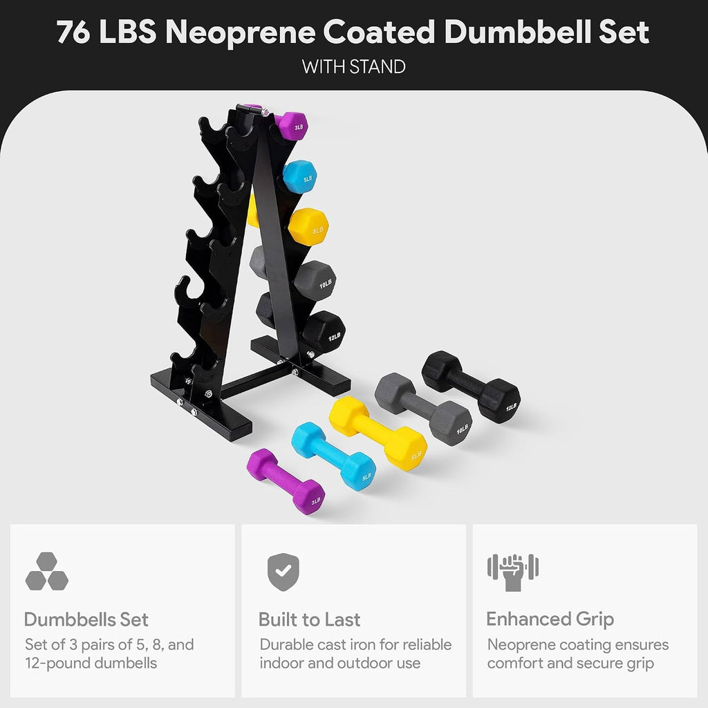 BalanceFrom Neoprene Coated Iron Dumbbell Hex Weights Set with Stand – Color-Coded or Black Options with Non-Slip Grip for Strength Training, Resistance Workouts, and Home Gym Fitness