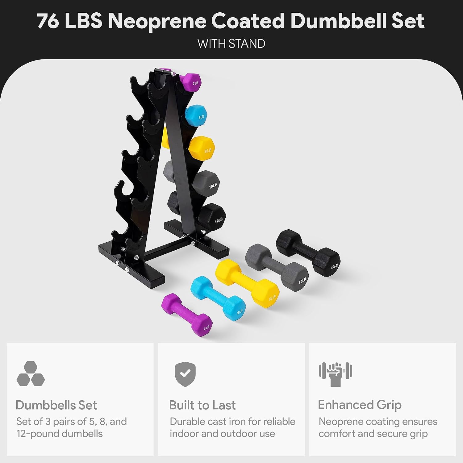 BalanceFrom Neoprene Coated Iron Dumbbell Hex Weights Set with Stand – Color-Coded or Black Options with Non-Slip Grip for Strength Training, Resistance Workouts, and Home Gym Fitness