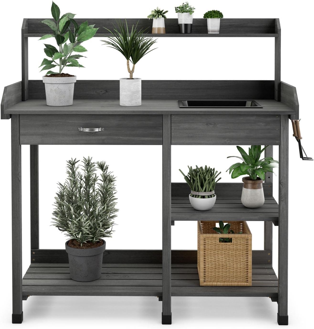 Potting Bench Table Patio Outdoor Garden Work Station Planting Shelf Sink Drawer Solid Wood Construction, Deck, Balcony