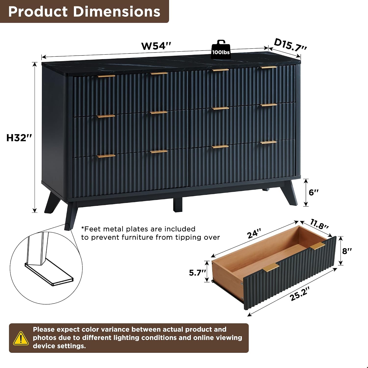 T4TREAM Fluted 6 Drawers Dresser, 54' Wide Modern Chest of Drawers with Faux Marble Top, Curved Profile Design, Dresser TV Stand, Wood Drawer Organizer for Bedroom, Living Room, Hallway, Dark Grey