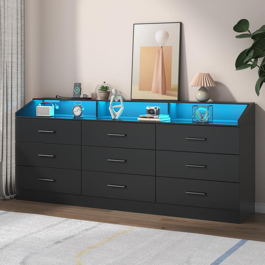 Gyfimoie 9 Drawers Dresser with Power Outlet, Black Dresser for Bedroom, Chest of Drawers with LED Light, Modern Dressers with Open Storage Cubby, Triple Wide Dressers Organizer for Living Room