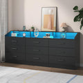 Gyfimoie 9 Drawers Dresser with Power Outlet, Black Dresser for Bedroom, Chest of Drawers with LED Light, Modern Dressers with Open Storage Cubby, Triple Wide Dressers Organizer for Living Room