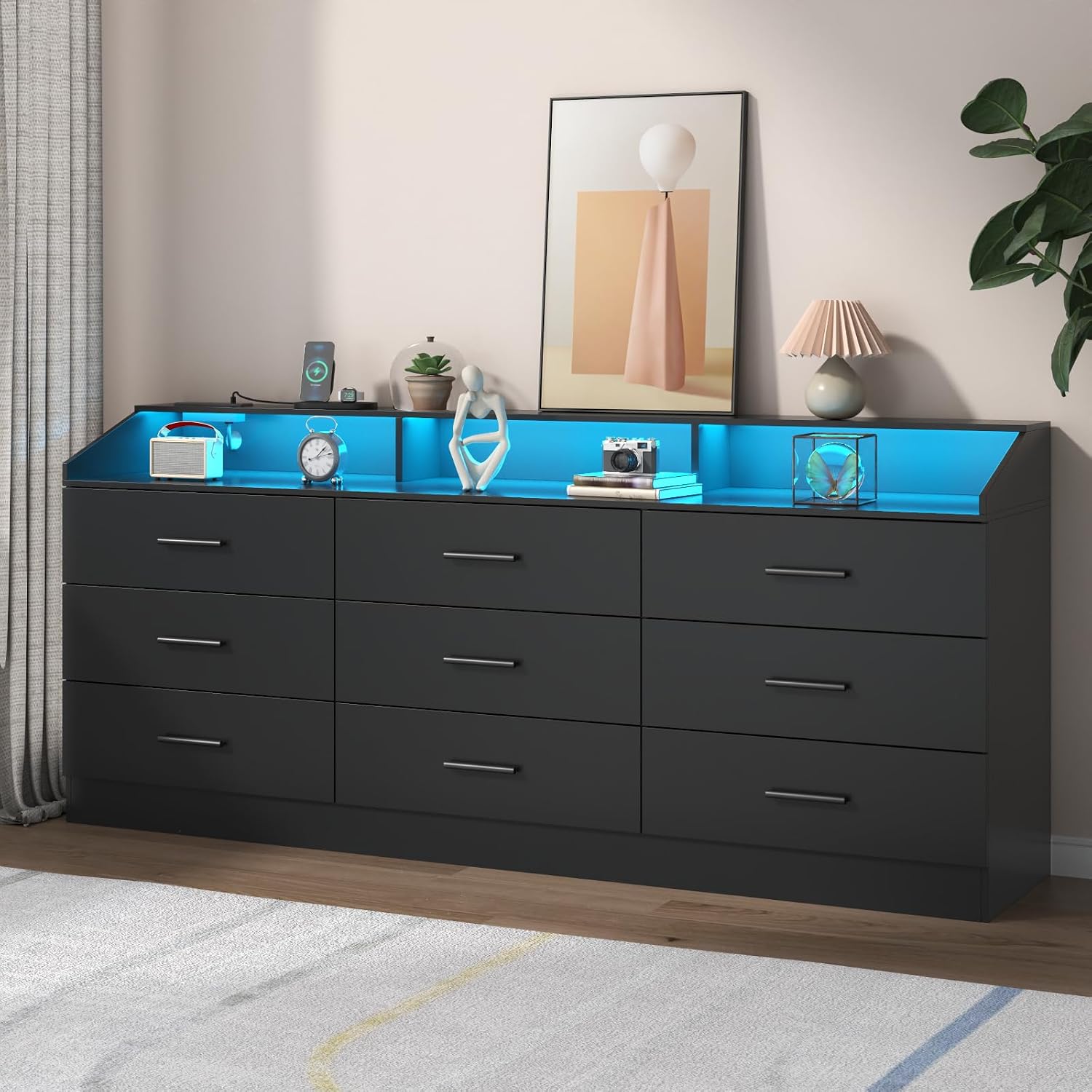 Gyfimoie 9 Drawers Dresser with Power Outlet, Black Dresser for Bedroom, Chest of Drawers with LED Light, Modern Dressers with Open Storage Cubby, Triple Wide Dressers Organizer for Living Room