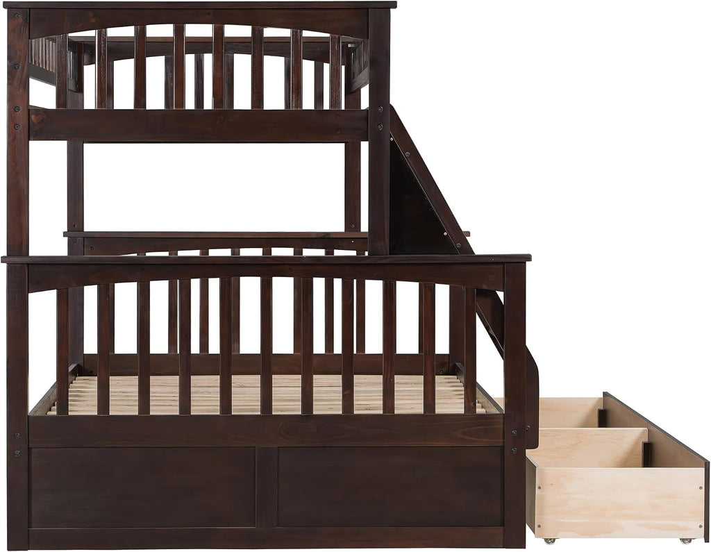 Harper & Bright Designs Convertible Wood Twin Over Full Bunk Bed with 2 Storage Drawers and Ladder - Can Be Divided Into Two Daybeds, Espresso