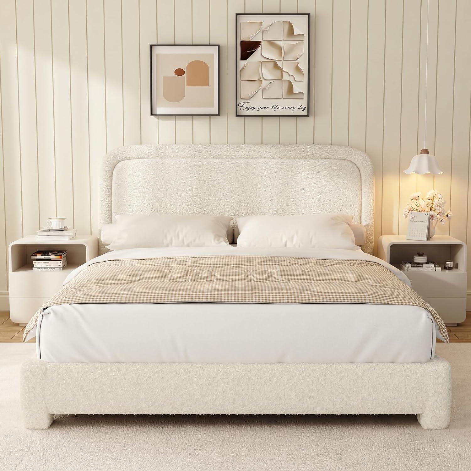 WEUP Twin Size Boucle Bed Frame, Upholstered Cloud Bed Frame with Headboard, Soft Rounded Corners, No Box Spring Required, Adjustable Headboard, Easy Assembly，Cream