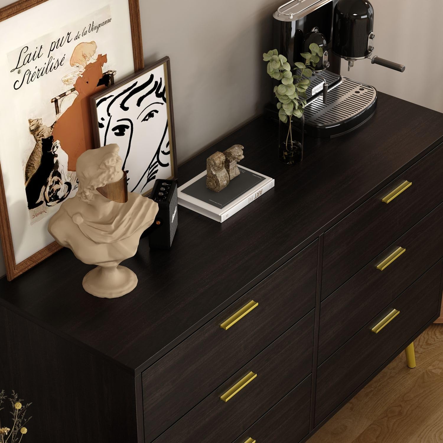 47.2' 6 Drawer Dresser, Modern 6-Drawer Chest with Gold Metal Handles, Bedroom Dresser with Gold Metal Legs, for Living Room Entryway Black (47.2'W x 15.7'D x 30.1'H)