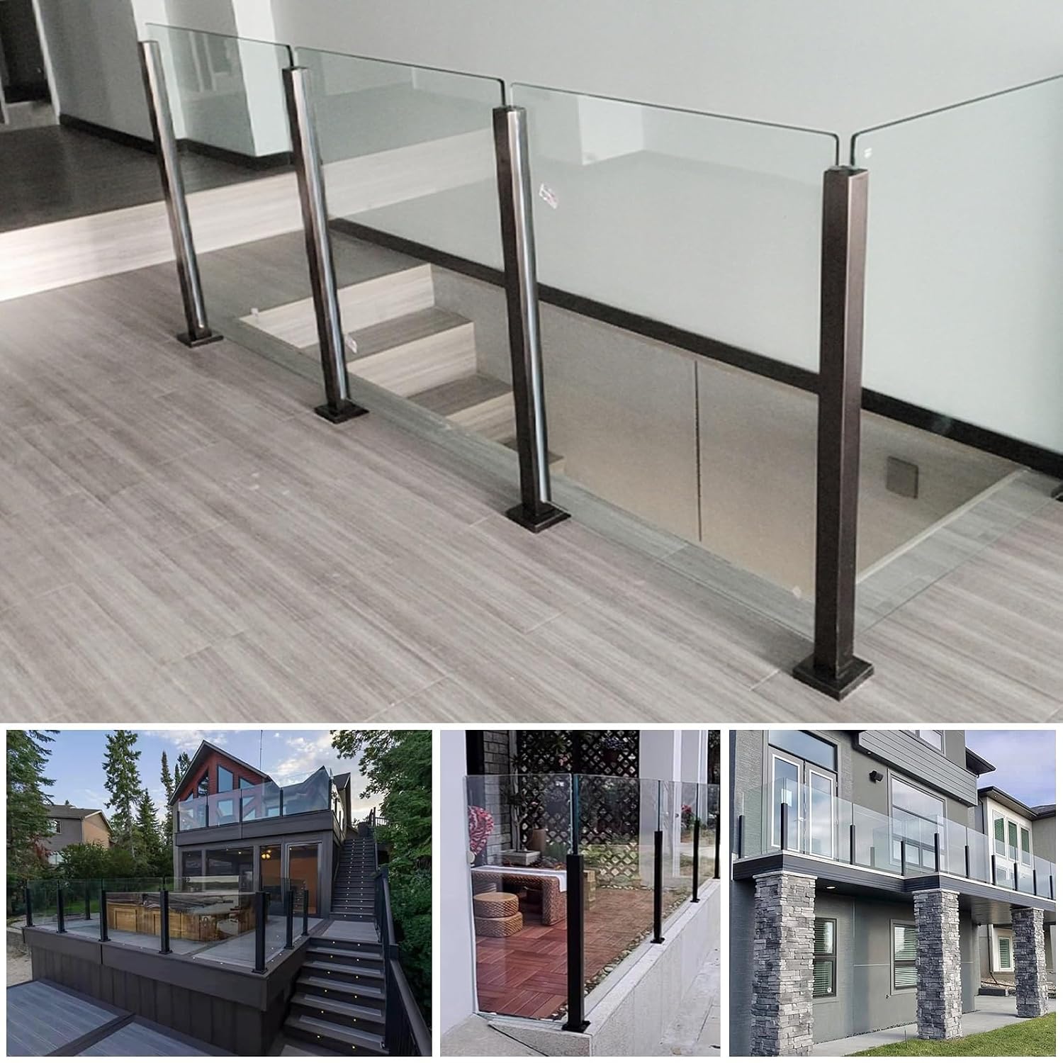Staircase Handrails Stair Railing Glass Guardrail Standoff Panel Balustrade Post Black, Steps Platform Railing Pole with Slot, Interior Exterior Garden Loft Patio Balcony Pool(Deep Coffee,145cm/57inch