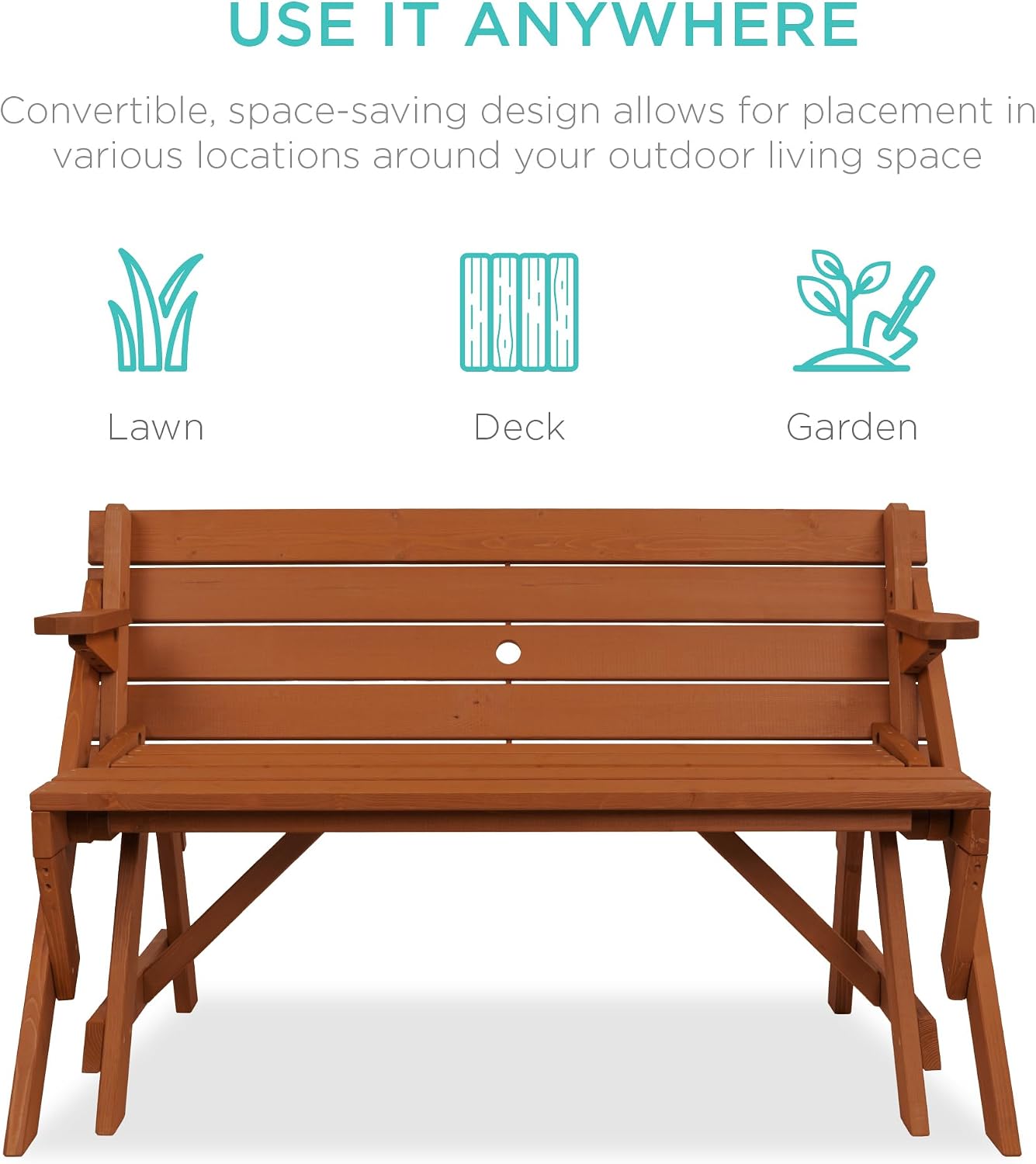 Best Choice Products 2-in-1 Transforming Interchangeable Outdoor Wooden Picnic Table Garden Bench for Backyard, Porch, Patio, Deck w/Umbrella Hole - Acorn