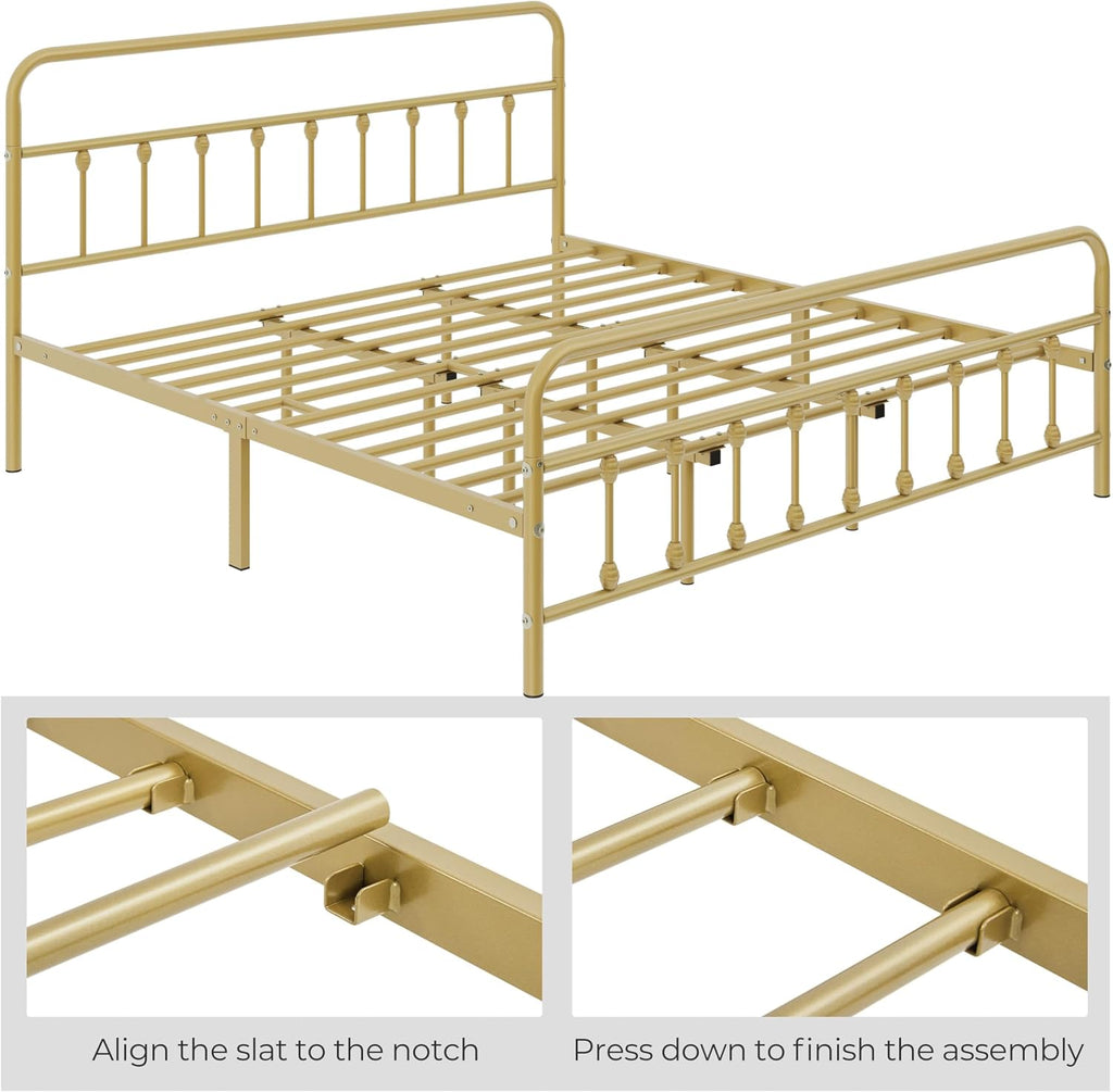 Topeakmart King Size Victorian Style Metal Bed Frame with Headboard/Mattress Foundation/No Box Spring Needed/Under Bed Storage/Strong Slat Support Antique Gold