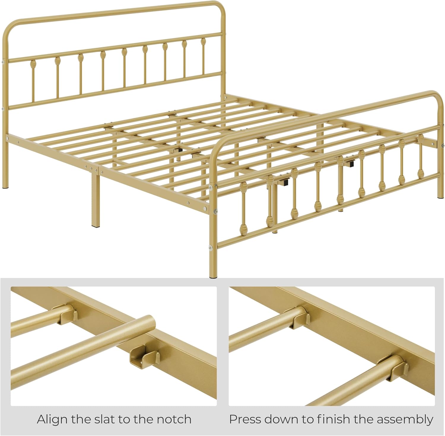Topeakmart King Size Victorian Style Metal Bed Frame with Headboard/Mattress Foundation/No Box Spring Needed/Under Bed Storage/Strong Slat Support Antique Gold