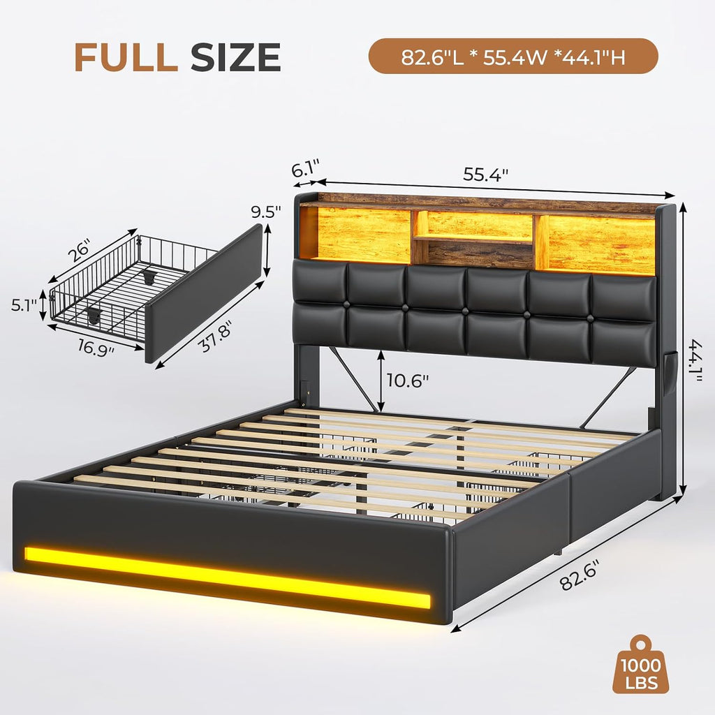 VIAGDO Full Size Bed Frame with Bookcase Headboard and Storage, Upholstered Platform Bed Frame Full Size with Charging Station, 4 Drawers and LED Lights, Heavy Duty, No Box Spring Needed, Black