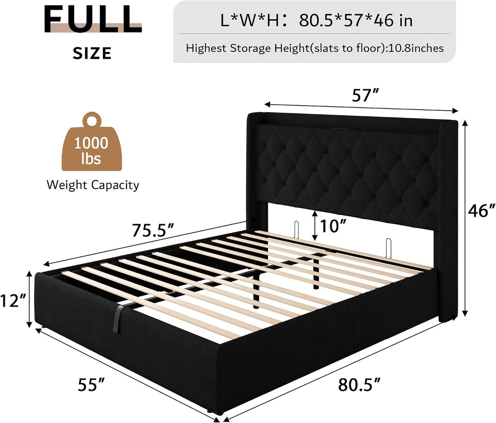 iPormis Full Size Lift Up Storage Bed Frame with Charging Station, Upholstered Platform Bed Frame with Linen Headboard, Hydraulic Storage, No Box Spring Needed, Noise-Free, Easy Assembly, Black
