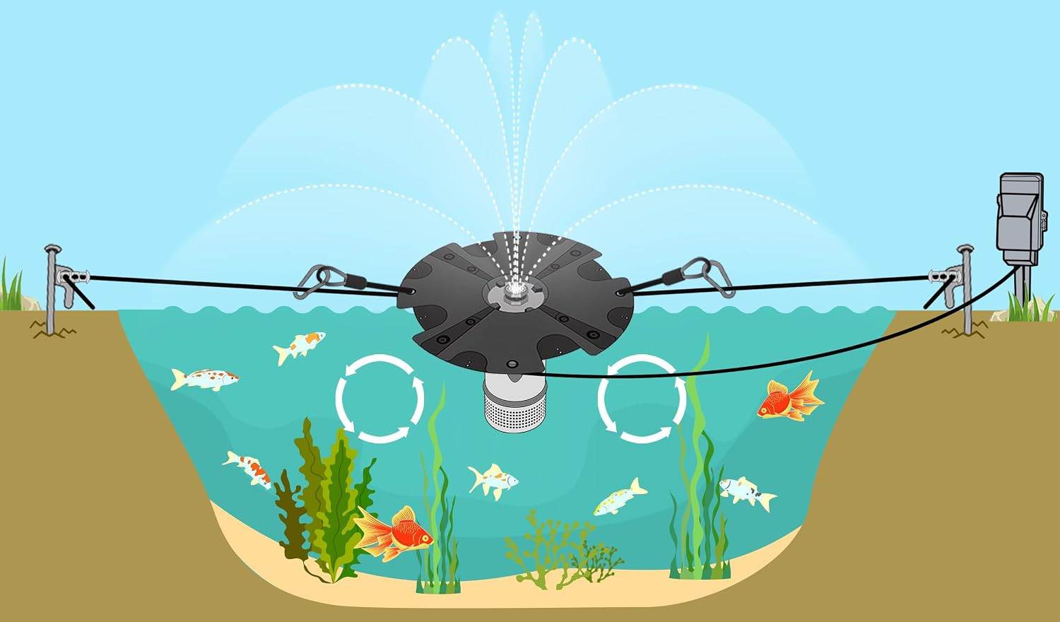 HQUA-FS01 110V, 1/2HP, OD(φ) 32' Large Pond Floating Fountain with 13000 GPH Fountain Pump, 100' Power Cord, Two Spray Patterns 32'×12' and 18'×6'