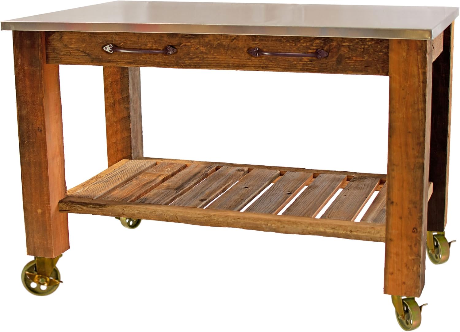 Redwood Potting Table Rolling Cart Swivel Cast Iron Wheels with Brakes Outdoor Garden Work Bench (with Drawer Pulls & 5in Gold Casters)