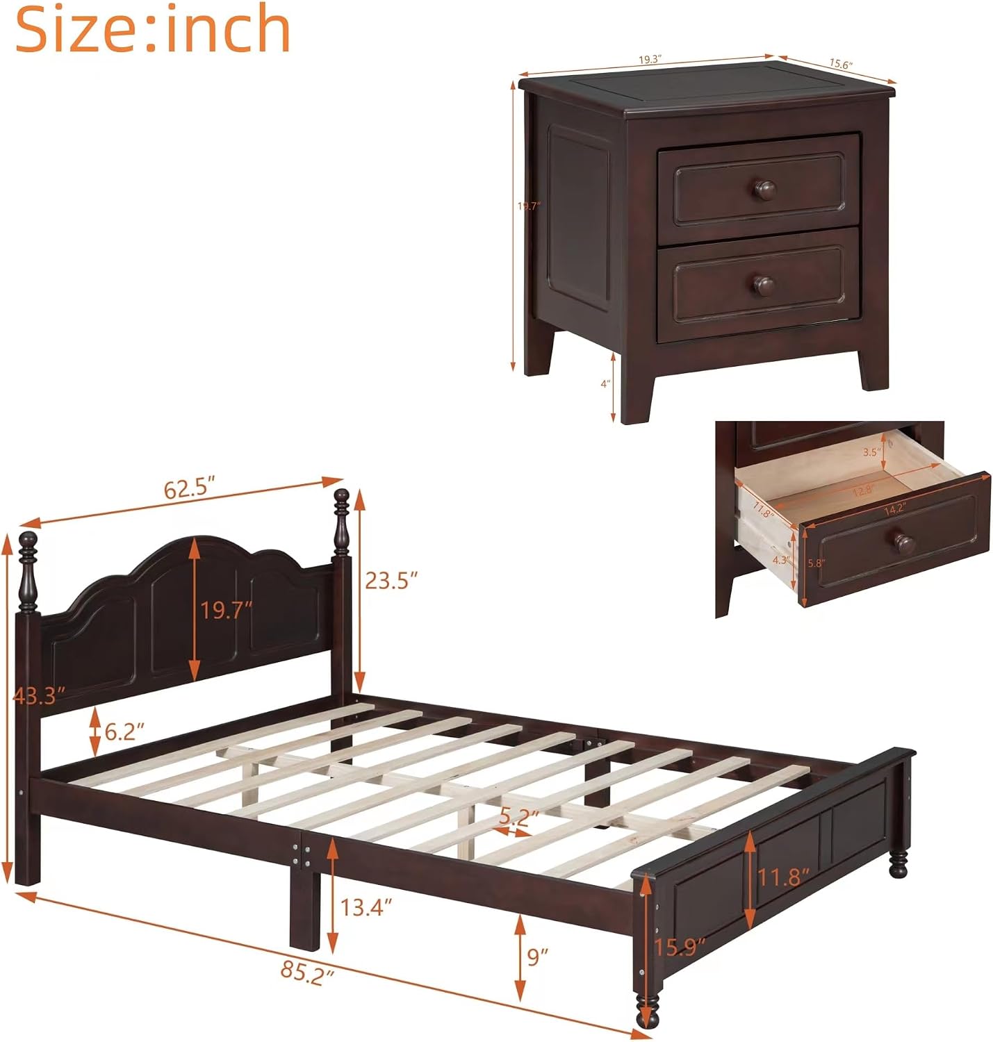 Merax 3-Pieces Bedroom Sets, Queen Size Retro Style Wood Bed Frame with Two Nightstands and high Headboard for Bedroom, Wood Slat Support, No Box Spring Needed, Easy Assembly (Dark Walnut)