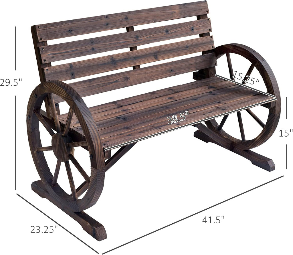 41' 2-Person Brown Wooden Wagon Wheel Bench, Rustic Outdoor Weather Resistance Furniture, Slatted Seat Bench with Backrest, Carbonized, for Backyard, Poolside, Lawn
