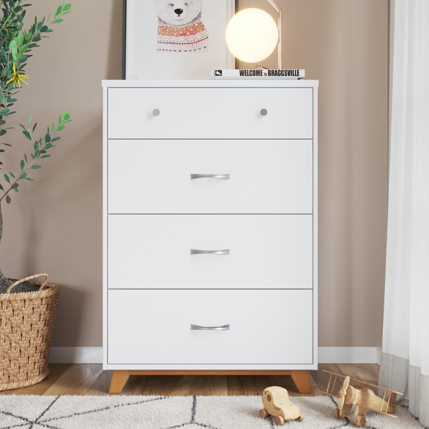 Child Craft Soho Design 4-in-1 Convertible Baby Crib Nursery Furniture Set - Baby Bed, 3 Drawer Dresser, Chest Drawer and Nightstand Desk for Babies, Toddlers and Kids (4 Piece - White/Natural