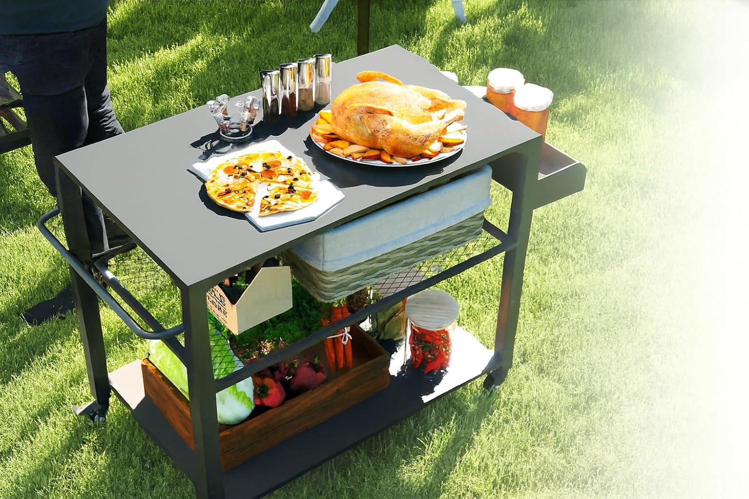 Heavy Duty Camping & Grill Cart with Wheels, 4-Tier Outdoor Serving Station, Stainless Steel Top Portable Kitchen Table for BBQ, Pizza Oven, or Potting Bench