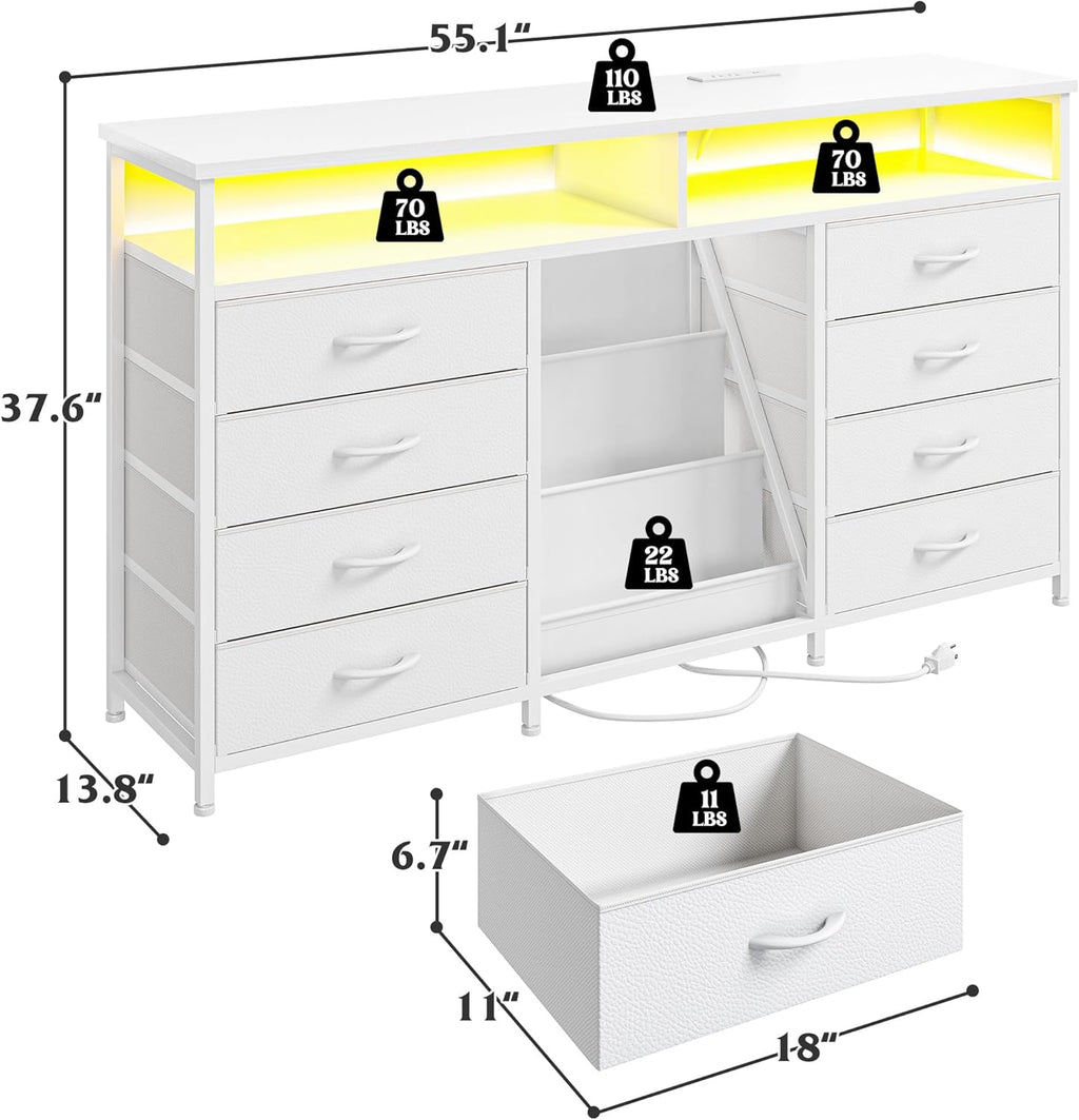 EnHomee 55 ' W Dresser for Bedroom with Bookrack & 8 Fabric Drawers, Dresser TV Stand with Power Outlet & LED Lights for 65 Inch TV, Chest of Drawers for Cabinet, Entryway, White