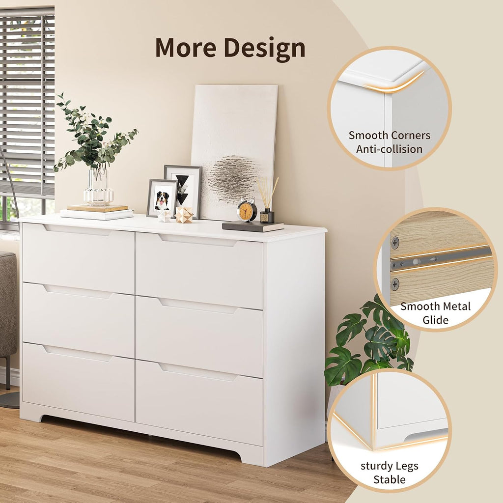 Gizoon 6 Drawer Double Dresser for Bedroom with Anti-Tip Design, Modern Wide Wooden Chest of Drawers with Cut-Out Handles, Closet Storage Organizer and TV Stand for Living Room, Hallway, Entryway