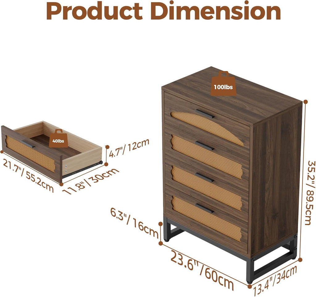 Mericonia 4 Drawer Rattan Dresser for Bedroom, Wood Tall Dresser for Closet with Metal Handles, Boho Nightstand Sets, Dressers & Chests of Drawers for Bedroom, Hallway and Entryway, Walnut