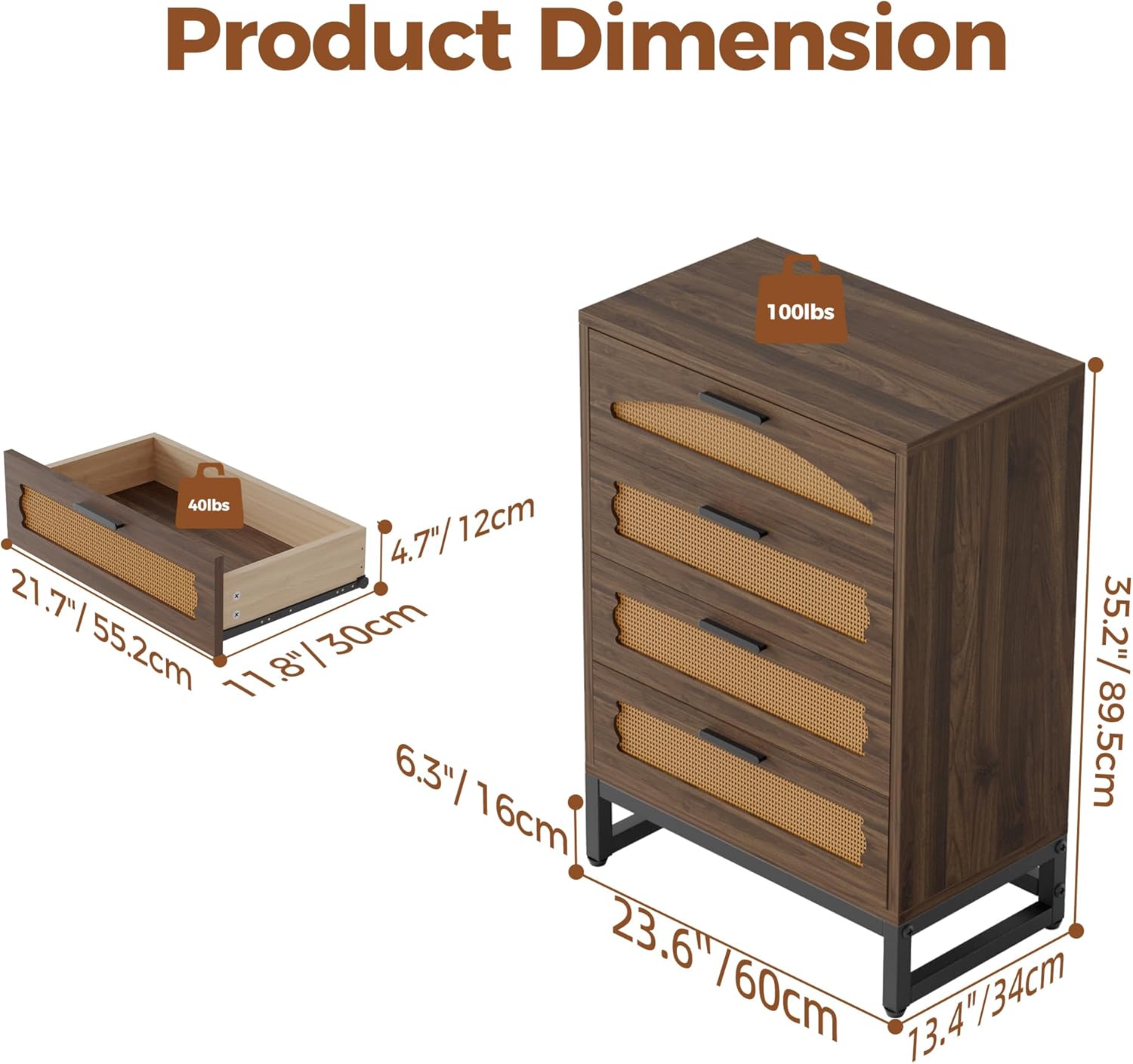 Mericonia 4 Drawer Rattan Dresser for Bedroom, Wood Tall Dresser for Closet with Metal Handles, Boho Nightstand Sets, Dressers & Chests of Drawers for Bedroom, Hallway and Entryway, Walnut