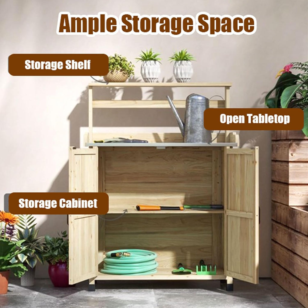 Garden Potting Bench Table with Storage Cabinet and Metal-Plated Tabletop, Top Shelves, Non-Slip Foot Mats, All-Weather Outdoor Potting Bench Work Station for Outside Lawn Patio