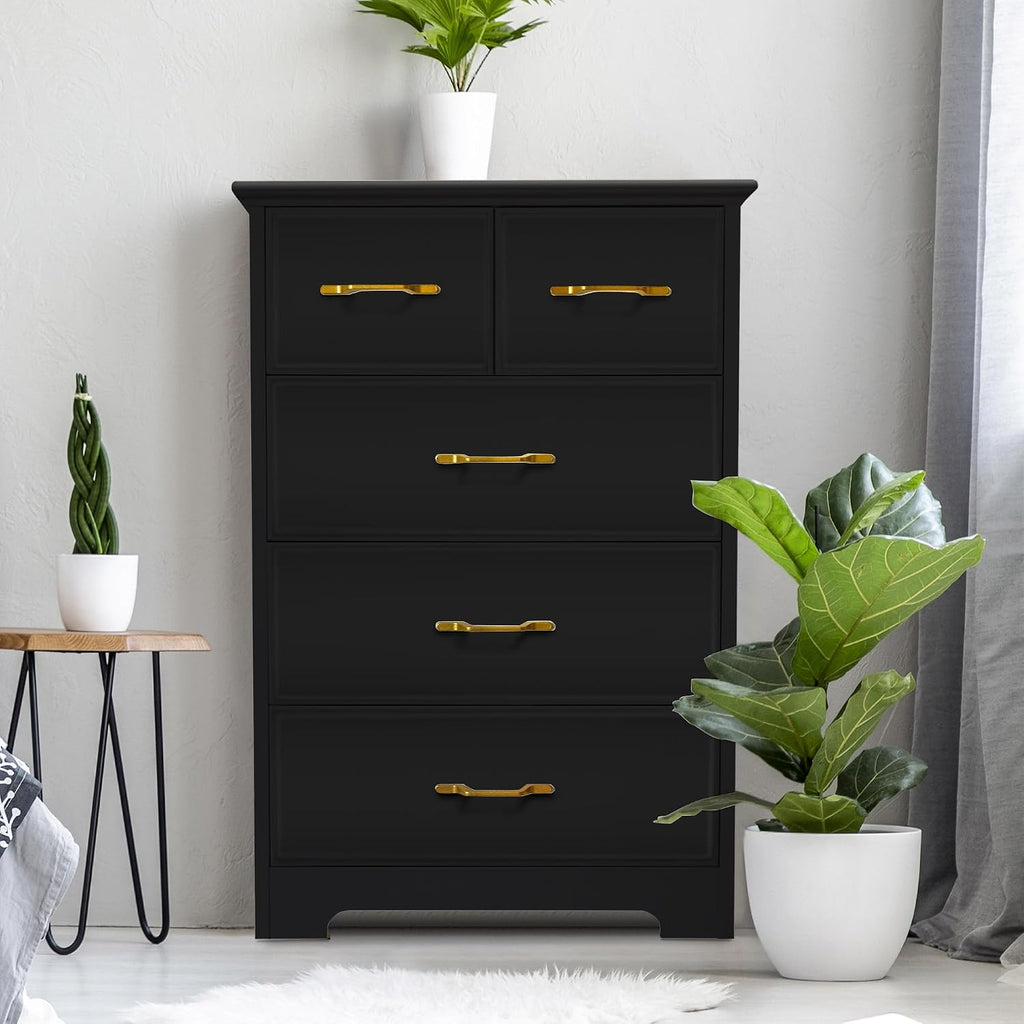 NEDYO 5 Drawer Dresser, Modern Tall Drawer Chest, Wooden Storage Organizer Cabinet for Bedroom, Living Room, Hallway, Entryway, Office. Black