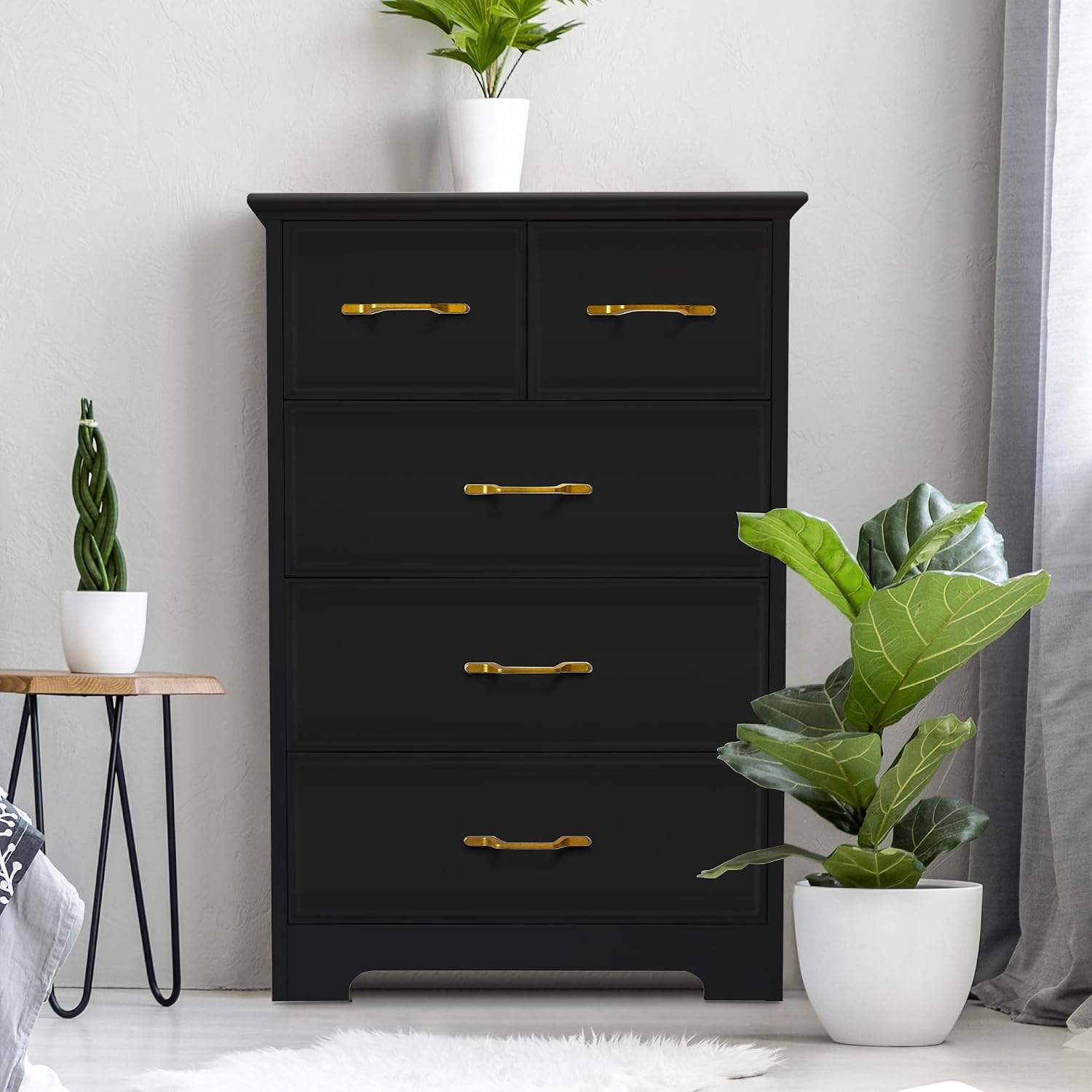 NEDYO 5 Drawer Dresser, Modern Tall Drawer Chest, Wooden Storage Organizer Cabinet for Bedroom, Living Room, Hallway, Entryway, Office. Black